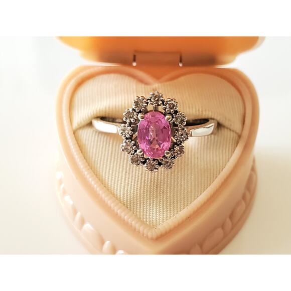 Vintage 14K White Gold Pink Ice and Diamond Halo Ring